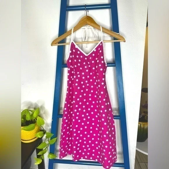 Vintage | Dresses | Vintage 9s La Belle 00 Cotton Polka Dot Halter Midi  Dress In Hot Pink White | Poshmark